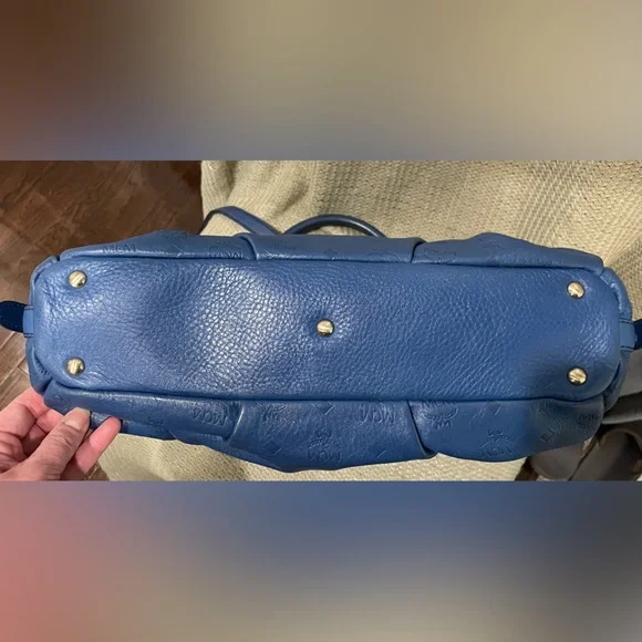 MCM Embossed Blue Leather Bag with original crossbody strap